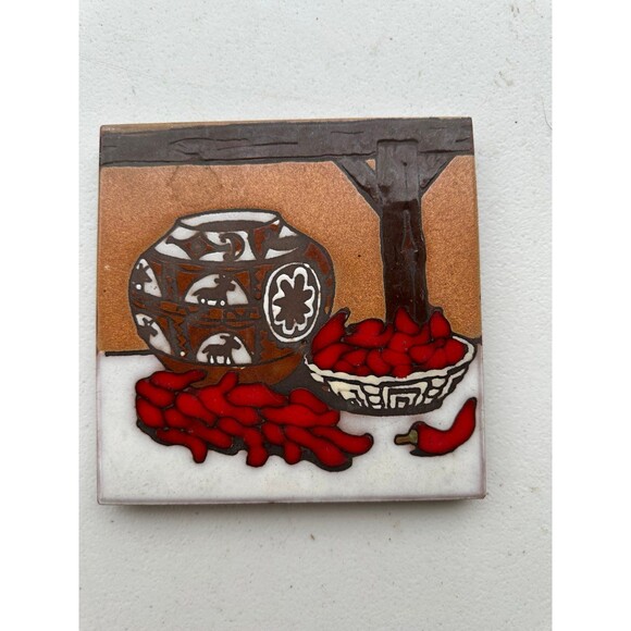 Southwestern Native American Inspired Ceramic Tile Trivet  Pottery Chili Peppers - Picture 1 of 2